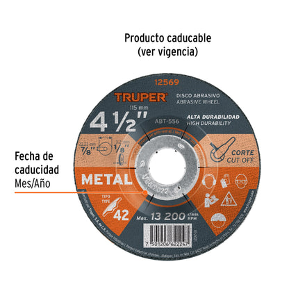 Disco de corte para metal de 4 1/2 pulgadas con espesor de 3.2 mm
