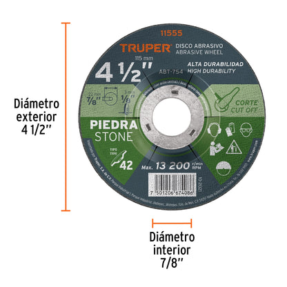 Disco de corte para piedra de 4 1/2 pulgadas con espesor de 3.2 mm
