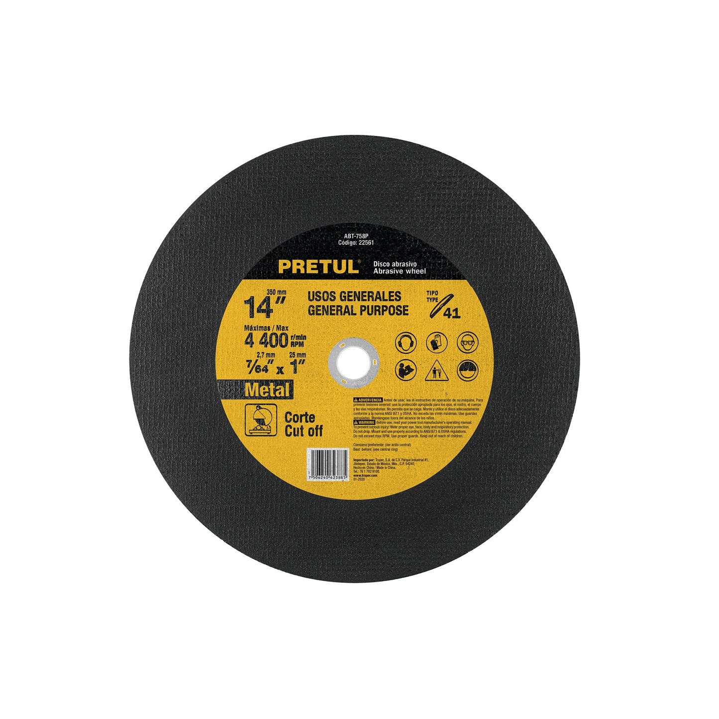 Disco tipo 41 de 14" para corte de metal con espesor 2.7 mm