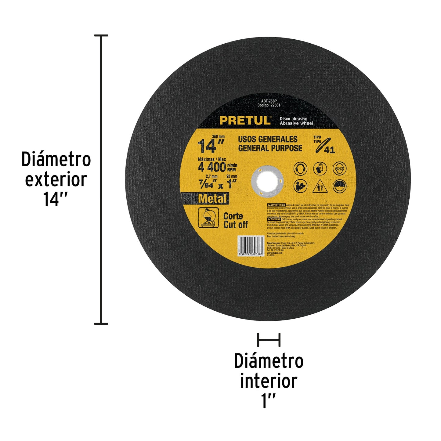 Disco tipo 41 de 14" para corte de metal con espesor 2.7 mm