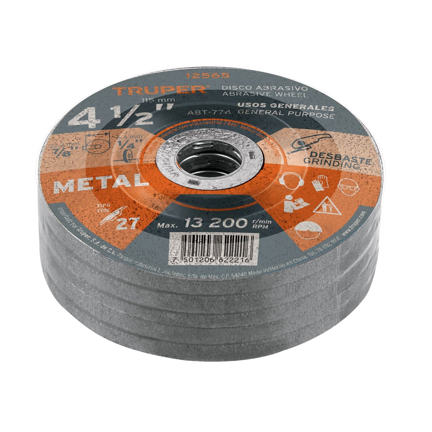 Disco Tipo 27 de 4 1/2 in para desbaste de metal