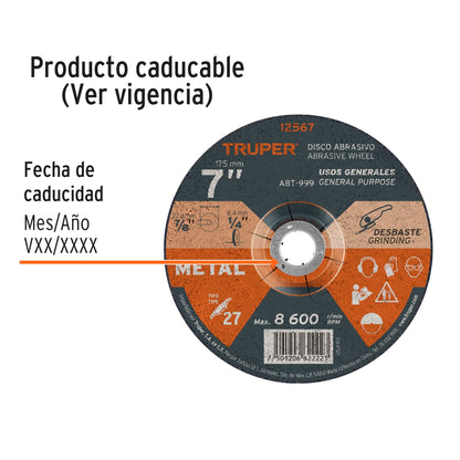 Disco Tipo 27 de 7 in para desbaste de metal