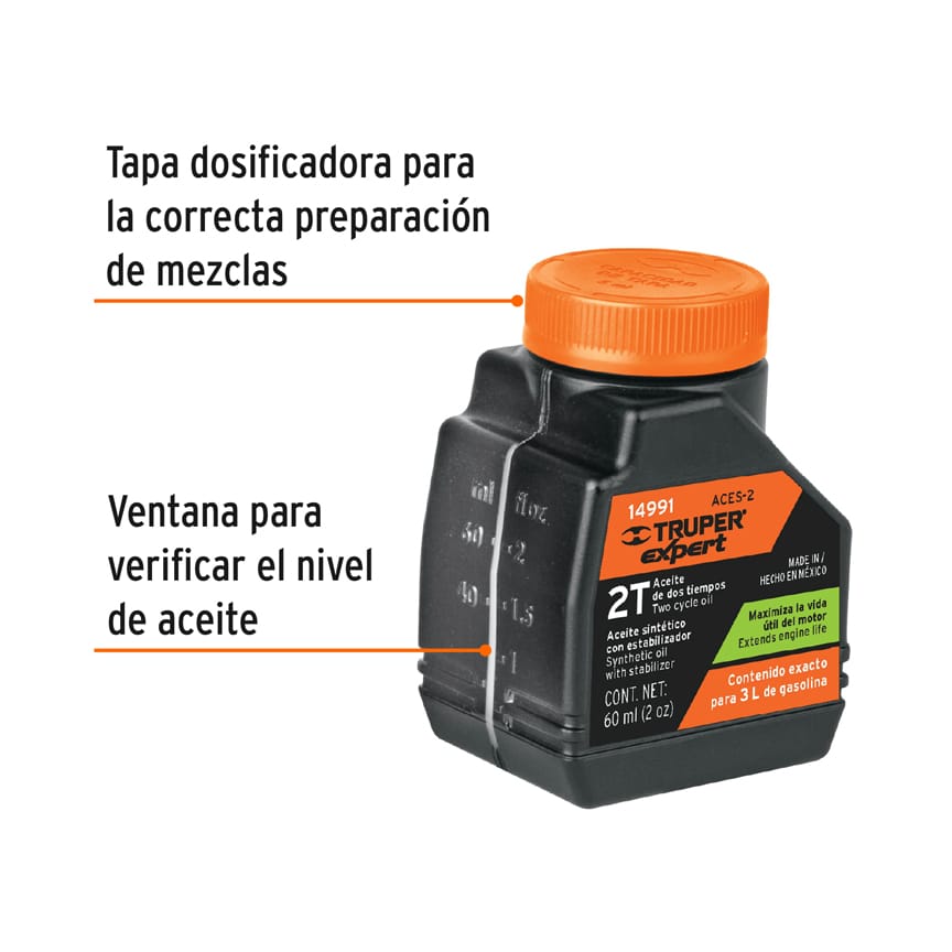 Aceite sintético para motor de 2 tiempos de 60 ml con estabilizador y tapa dosificadora