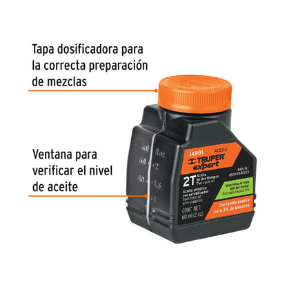 Aceite sintético para motor de 2 tiempos de 60 ml con estabilizador y tapa dosificadora