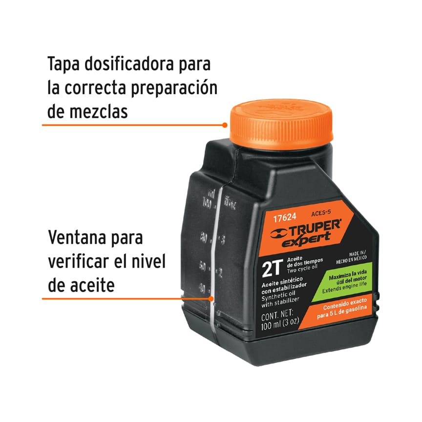 Aceite sintético para motor de 2 tiempos de 100 ml con estabilizador y tapa dosificadora