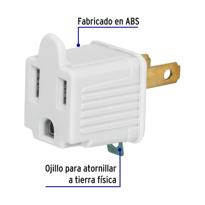 Adaptador de 3 a 2 blanco con ojillo para tierra física