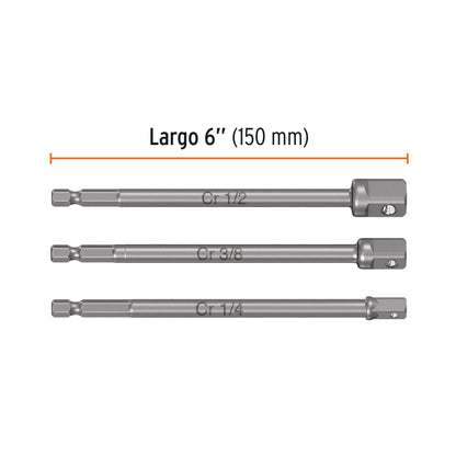 Juego de 3 Adaptadores Largos para Dados de Taladro