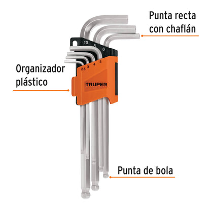 Juego 7 llaves hexagonales mm largas punta bola