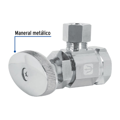 Llave angular de latón multivuelta 1/2 x 3/8 pulgada con maneral metálico