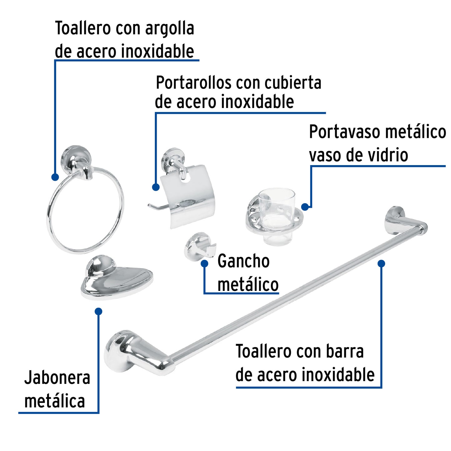 Juego de 6 accesorios para baño metálicos