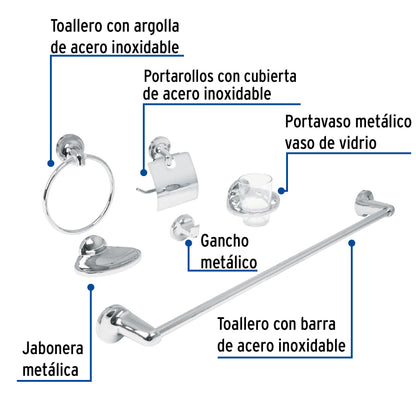 Juego de 6 accesorios para baño metálicos