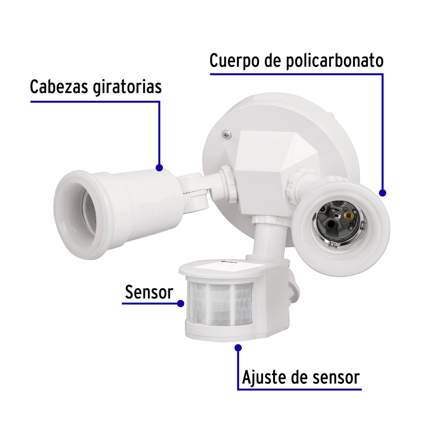 Arbotante blanco con sensor de movimiento y doble cabezal dirigible