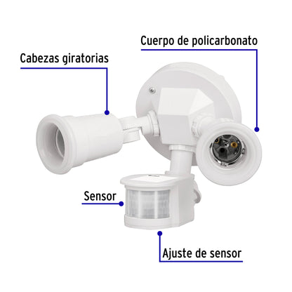 Arbotante blanco con sensor de movimiento y doble cabezal dirigible