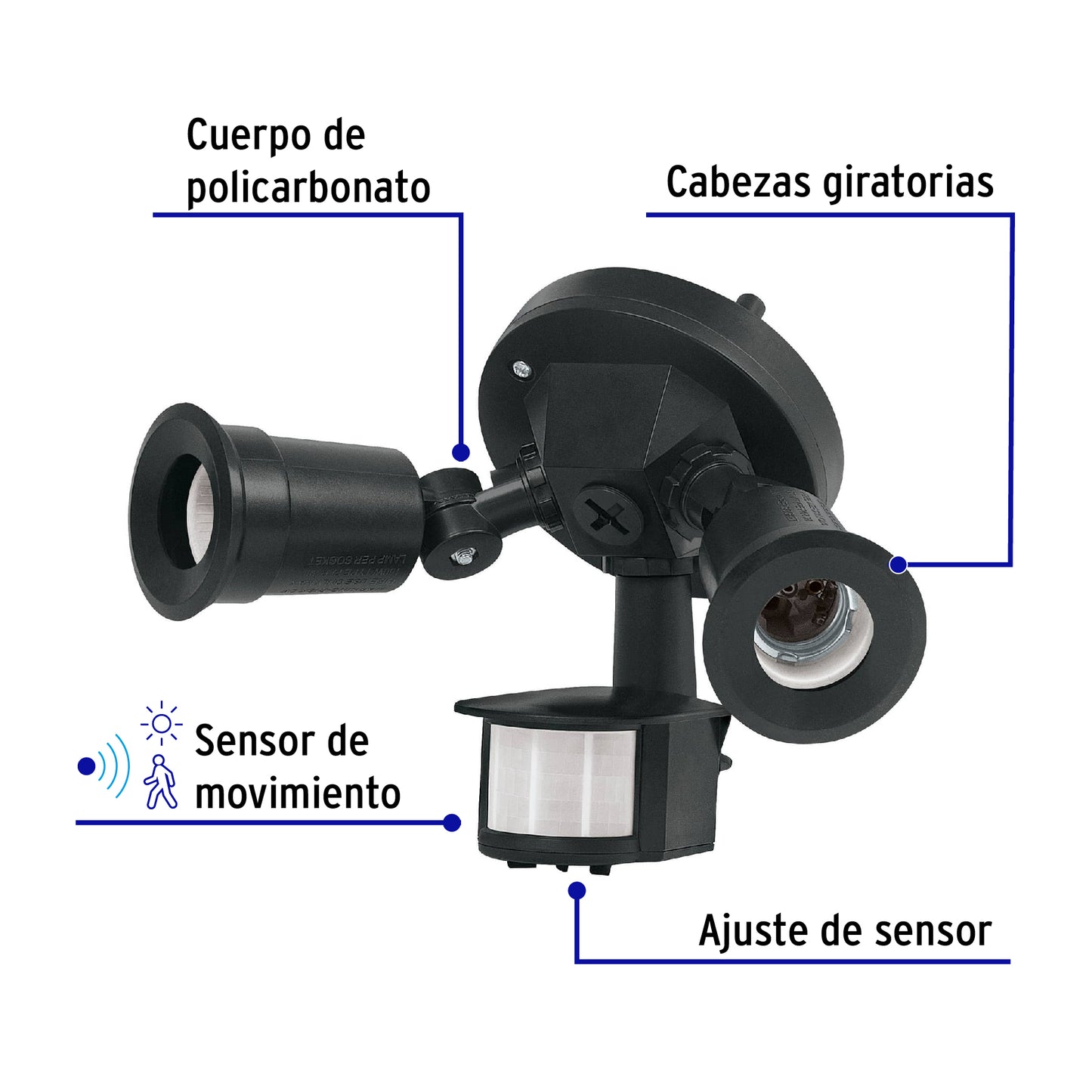 Arbotante negro con sensor de movimiento y doble cabezal dirigible