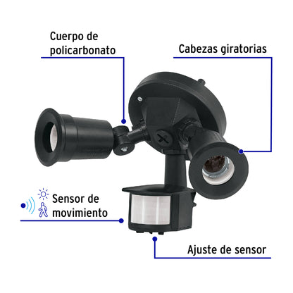 Arbotante negro con sensor de movimiento y doble cabezal dirigible