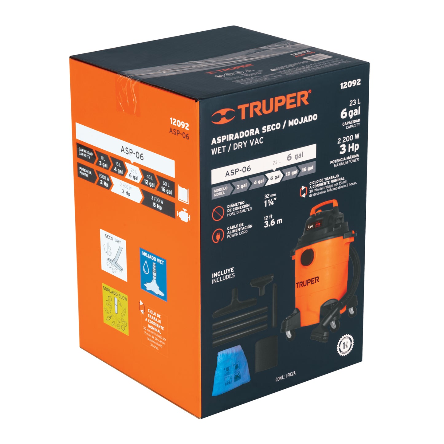 Aspiradora para sólidos y líquidos de 6 galones 3 HP con tanque plástico