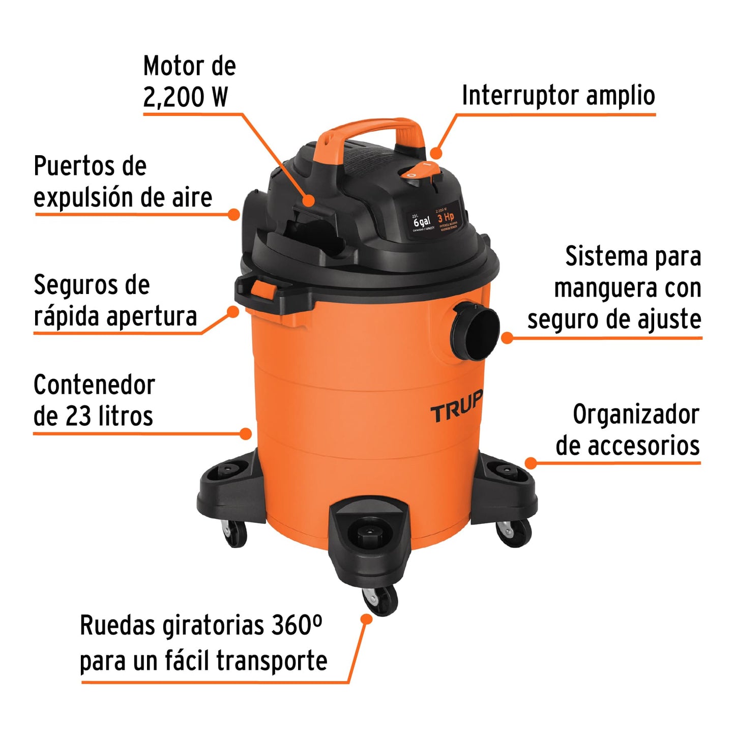 Aspiradora para sólidos y líquidos de 6 galones 3 HP con tanque plástico