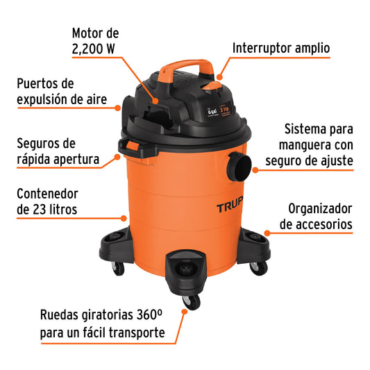 Aspiradora para sólidos y líquidos de 6 galones 3 HP con tanque plástico