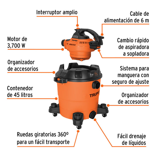 Aspiradora para sólidos y líquidos de 12 galones con soplador desmontable
