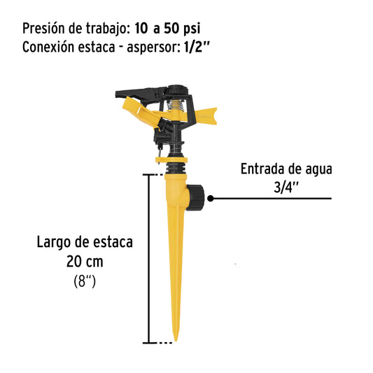 Aspersor plástico de 11" una vía con estaca plástica color verde