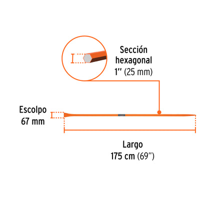 Barreta para tierra dura de 1 in y 175 cm con escoplo de 67 mm
