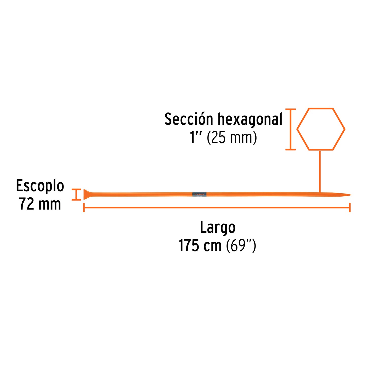 Barreta de punta de 1 in y 175 cm con escoplo de 72 mm