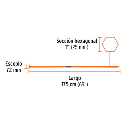 Barreta de punta de 1 in y 175 cm con escoplo de 72 mm