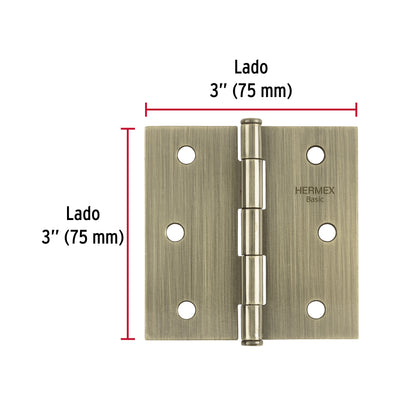 Bisagra cuadrada 3", latón antiguo, cabeza plana, Basic · vista 3