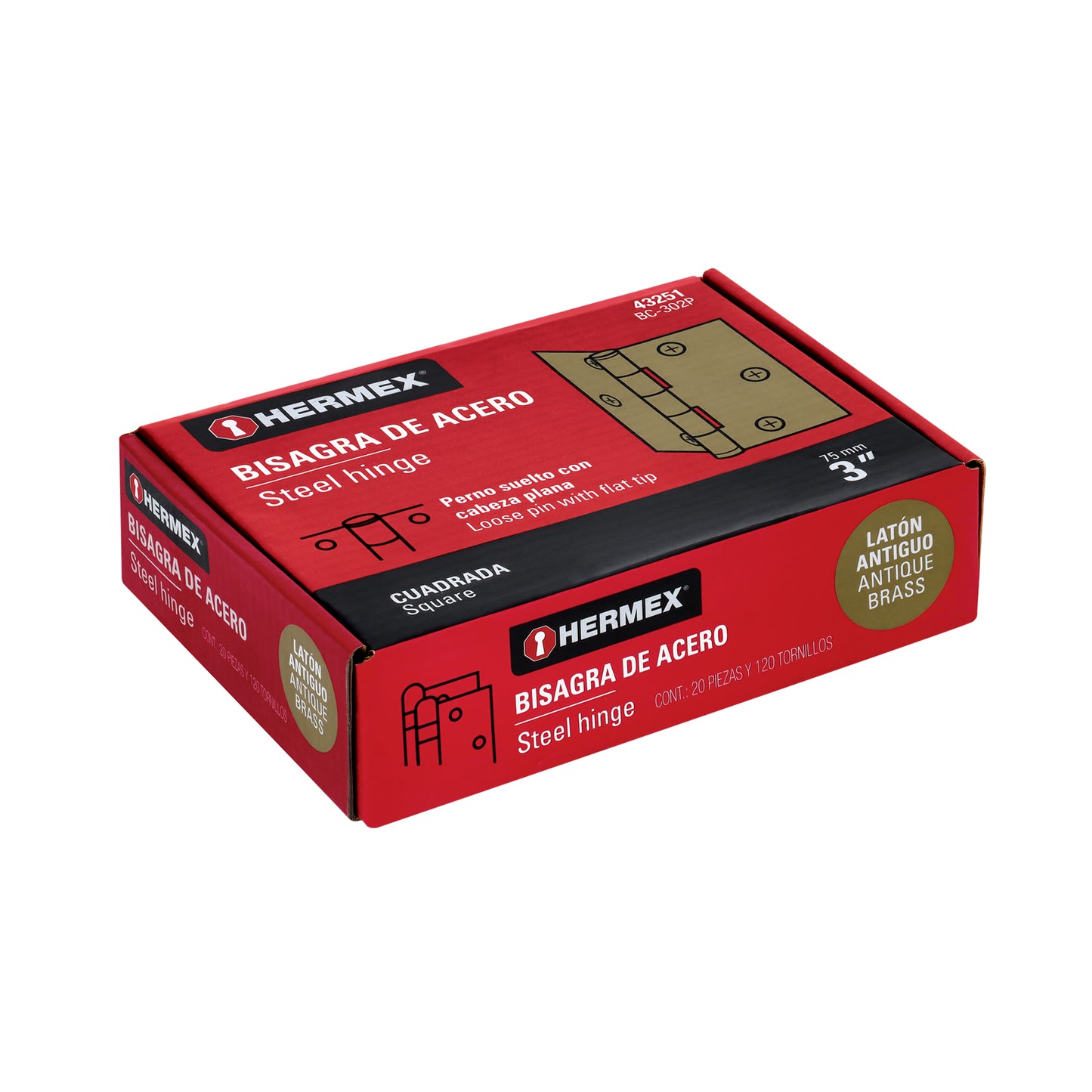 Bisagra cuadrada de acero con acabado latón antiguo