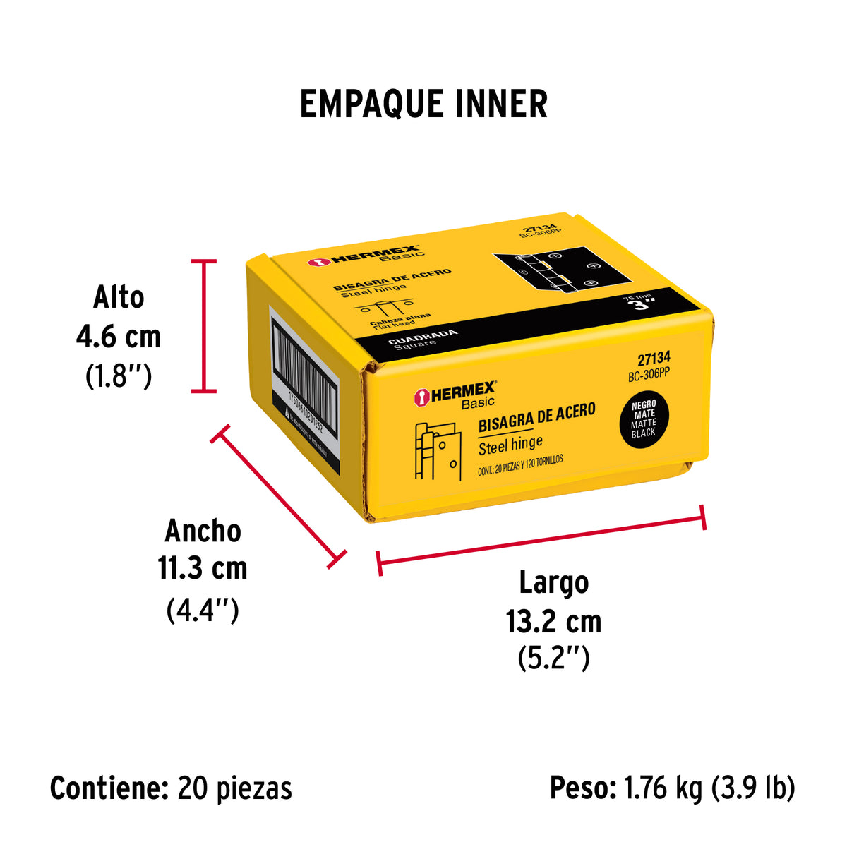 Bisagra cuadrada 3", acero negro mate, cabeza plana, BASIC · vista 5