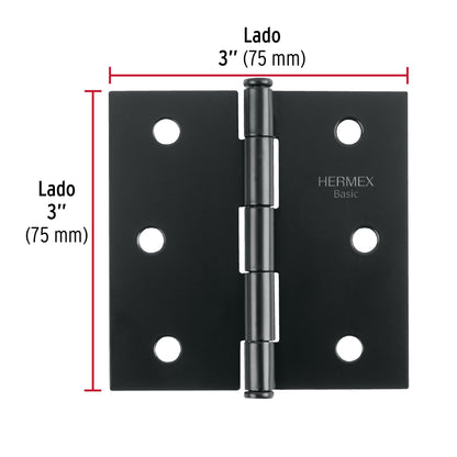 Bisagra cuadrada 3", acero negro mate, cabeza plana, BASIC · vista 3