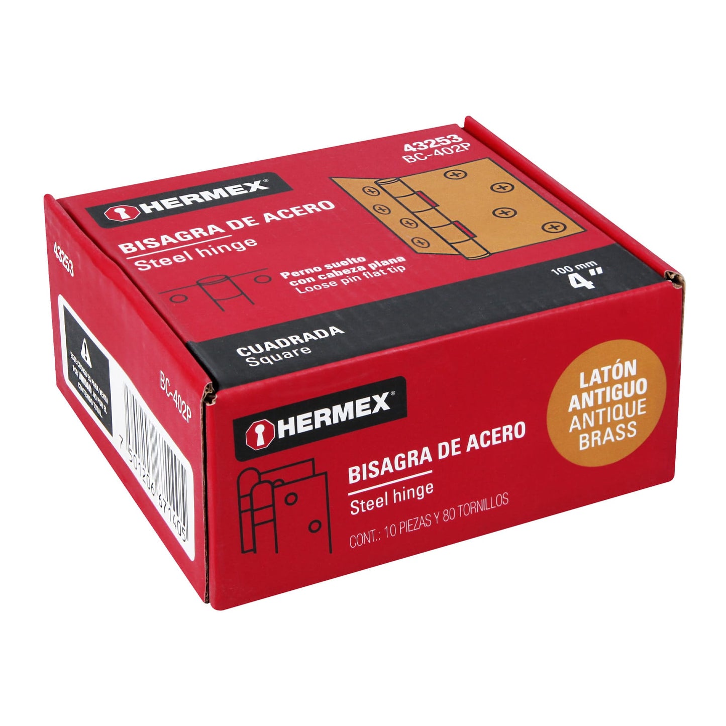 Bisagra cuadrada de acero con acabado latón antiguo