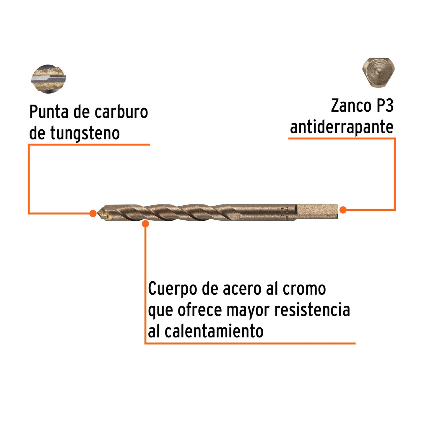 Broca para concreto de 1/2 x 6 in con punta de carburo de tungsteno