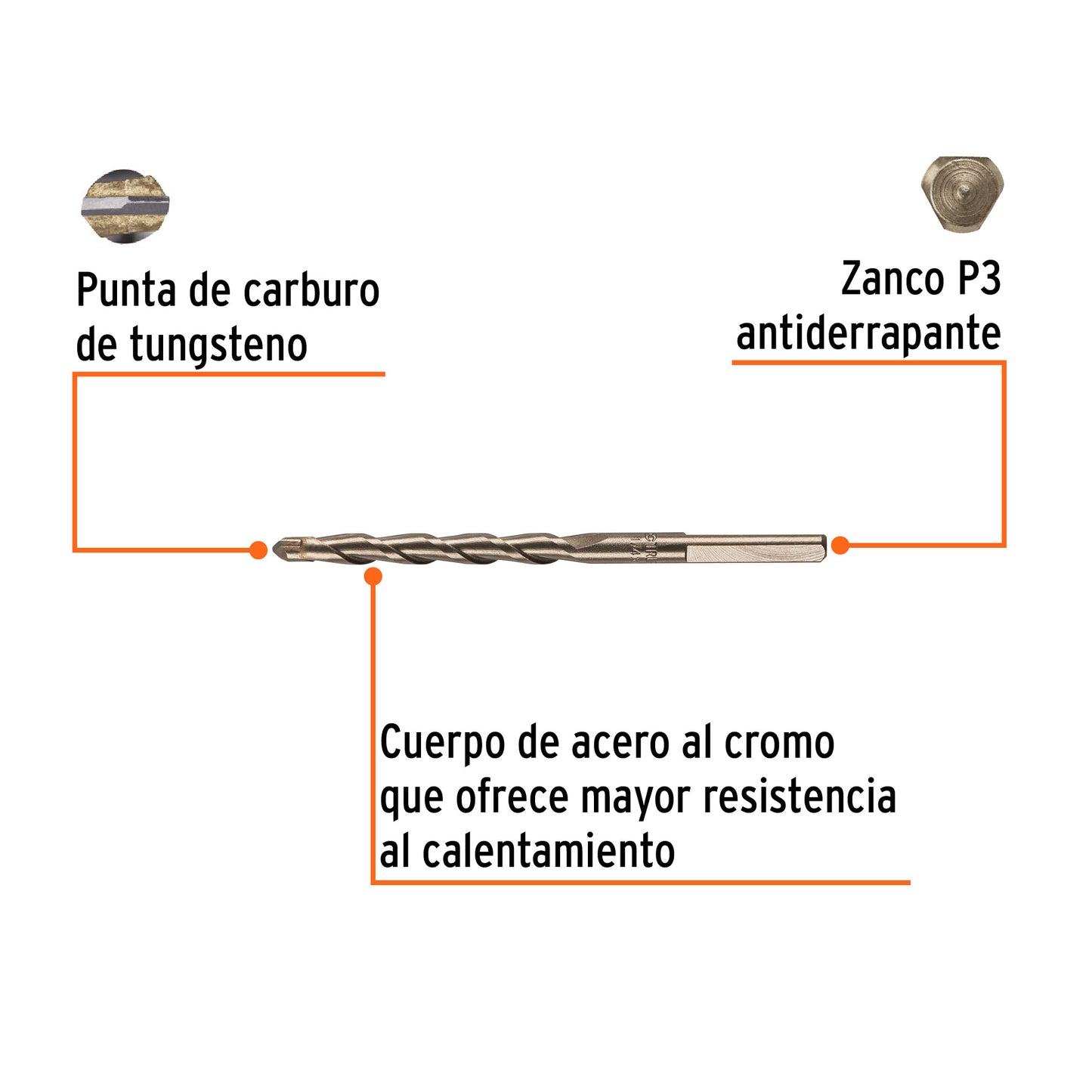 Broca para concreto de 1/4 x 4 in con punta de carburo de tungsteno
