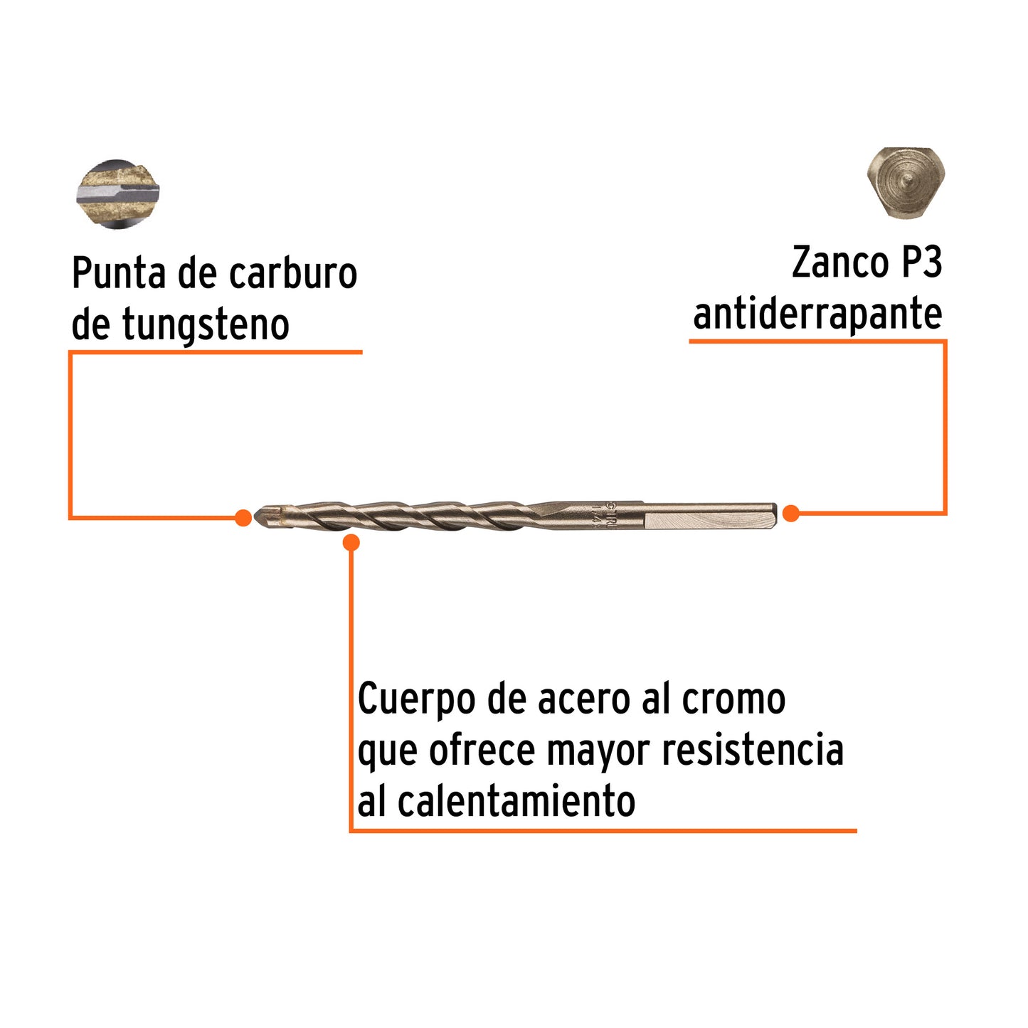 Broca para concreto de 1/4 x 4 in con punta de carburo de tungsteno