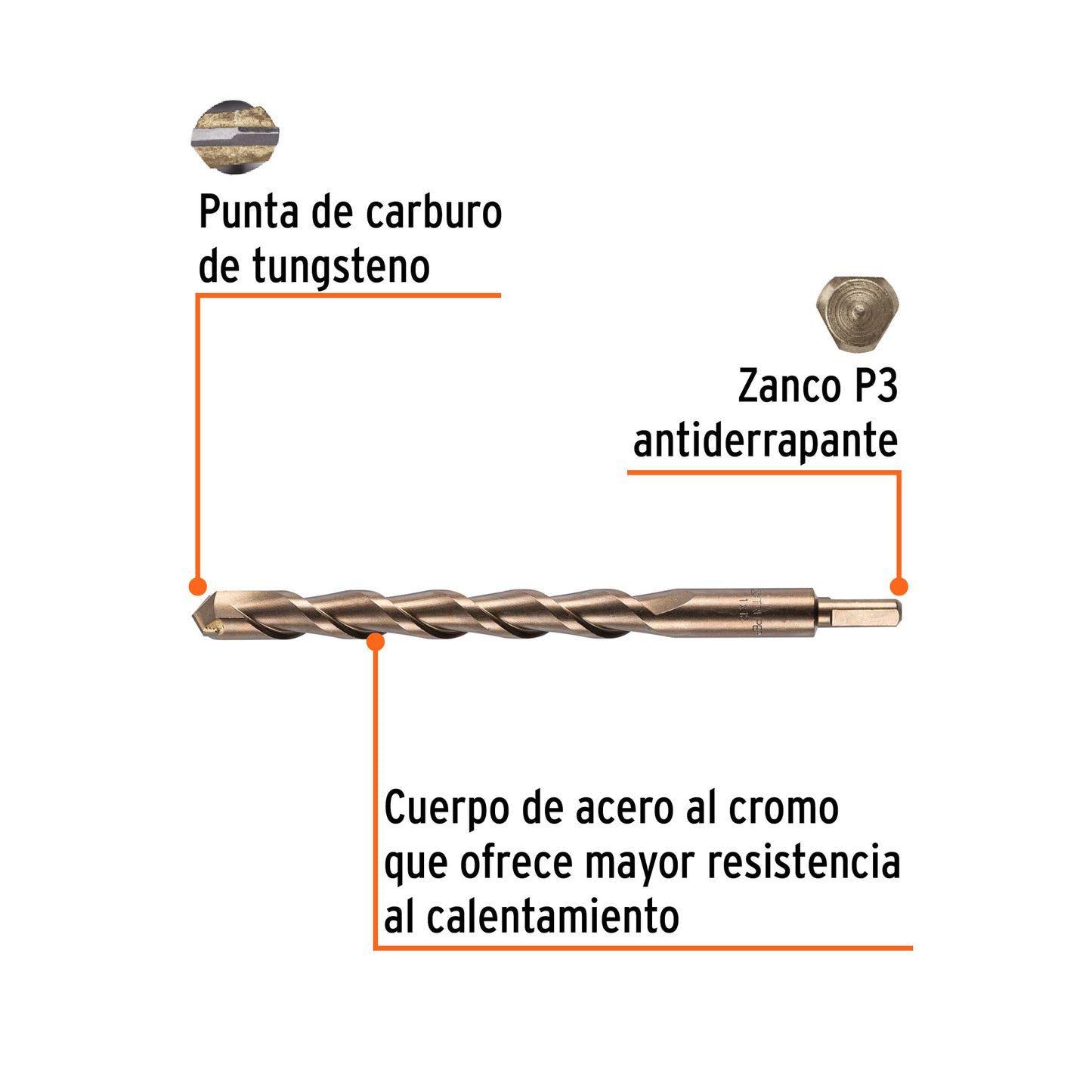 Broca para concreto de 1 x 12 in con punta de carburo de tungsteno