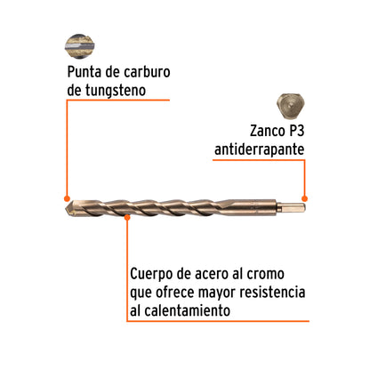 Broca para concreto de 1 x 12 in con punta de carburo de tungsteno