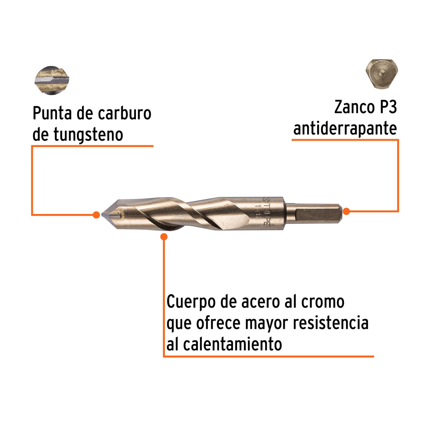 Broca para concreto de 1 x 6 in con punta de carburo de tungsteno