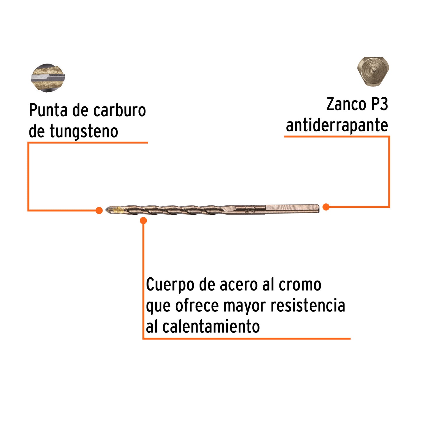 Broca para concreto de 3/16 x 4 in con punta de carburo de tungsteno
