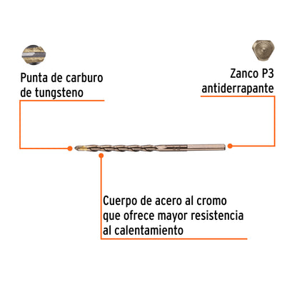 Broca para concreto de 3/16 x 4 in con punta de carburo de tungsteno