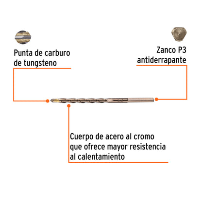 Broca para concreto de 3/16 x 4 in con punta de carburo de tungsteno
