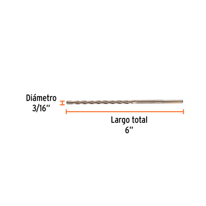 Broca para concreto de 3/16 x 6 in con punta de carburo de tungsteno