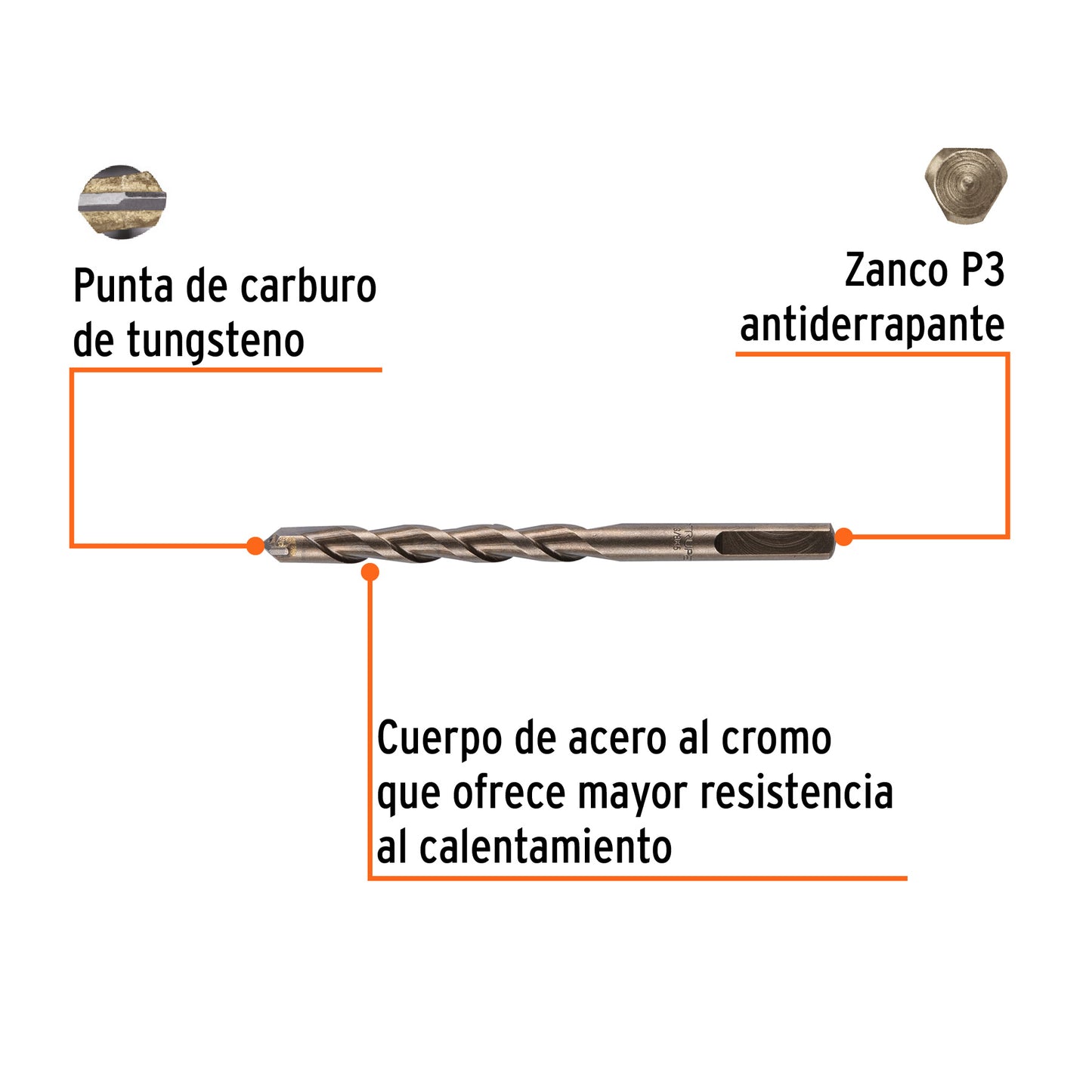 Broca para concreto de 3/8 x 5 in con punta de carburo de tungsteno