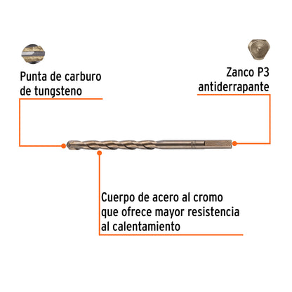 Broca para concreto de 3/8 x 6 in con punta de carburo de tungsteno