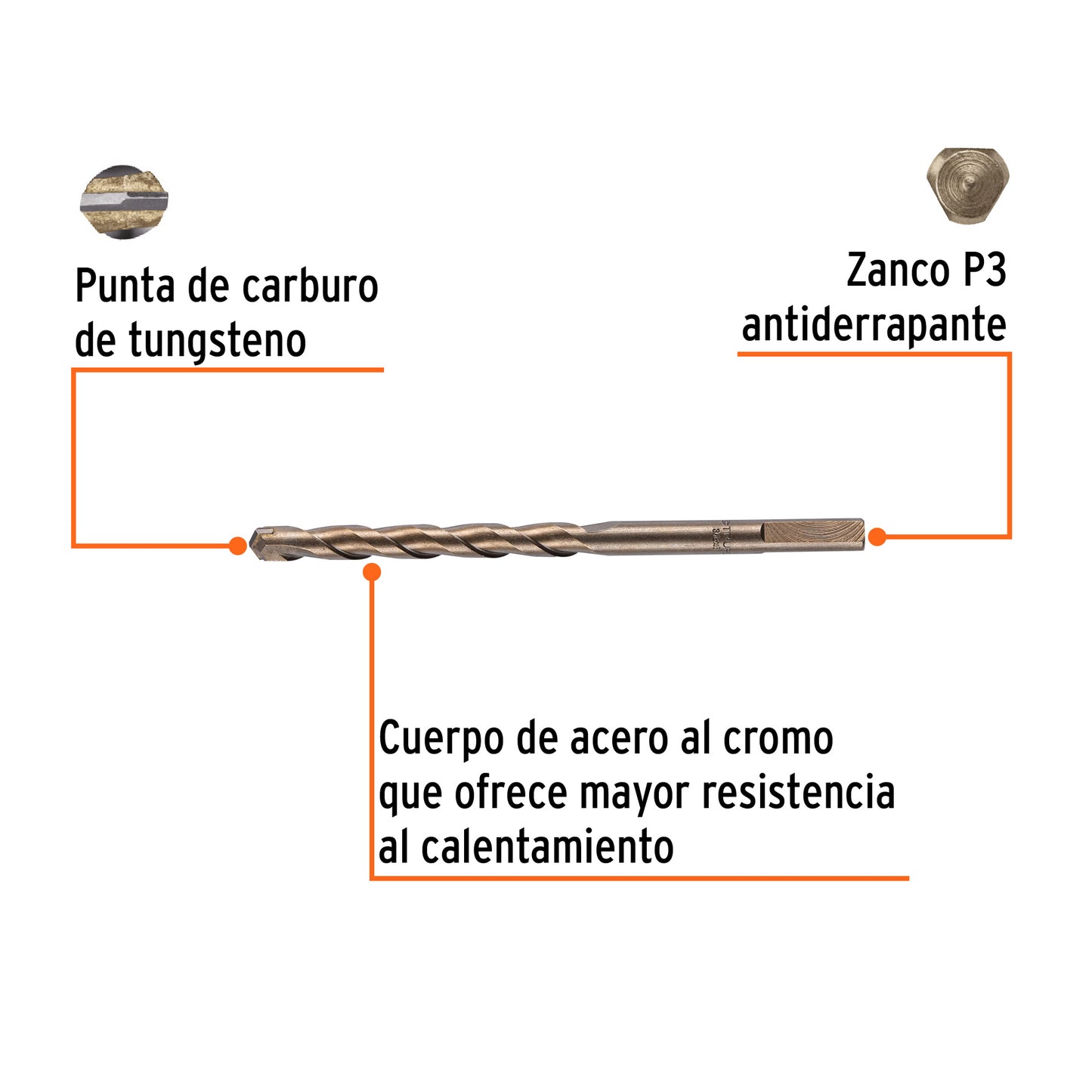 Broca para concreto de 3/8 x 6 in con punta de carburo de tungsteno
