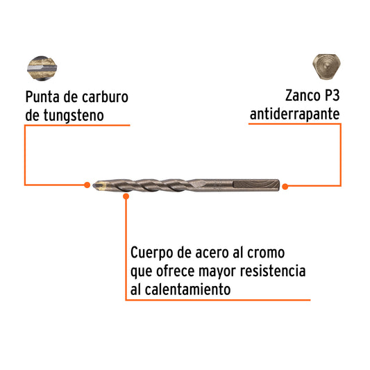 Broca para concreto de 5/16 x 4 in con punta de carburo de tungsteno