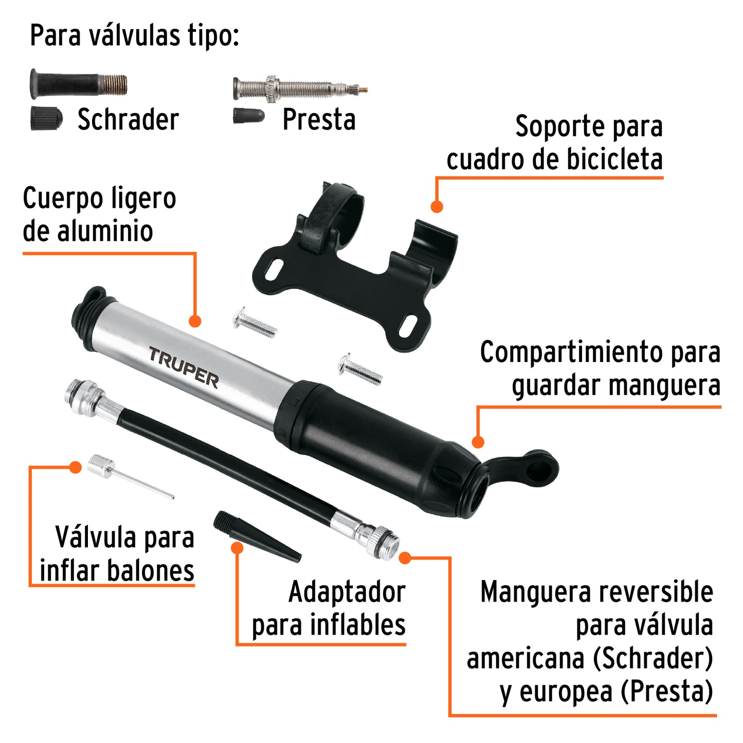Mini bomba manual para bicicleta de aluminio con manguera reversible