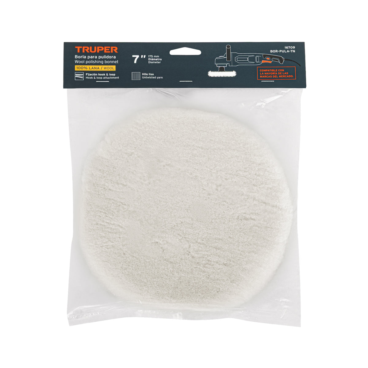 Borla 100% lana de 7 pulg fijacion hook - SKU 16709
