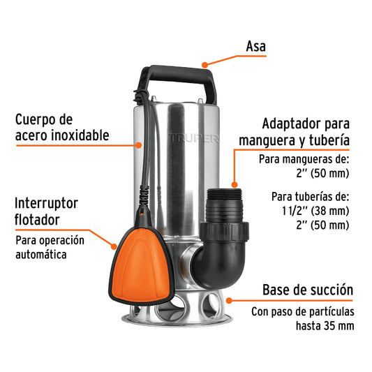 Bomba sumergible de acero inoxidable para agua sucia de 1-1/2 HP