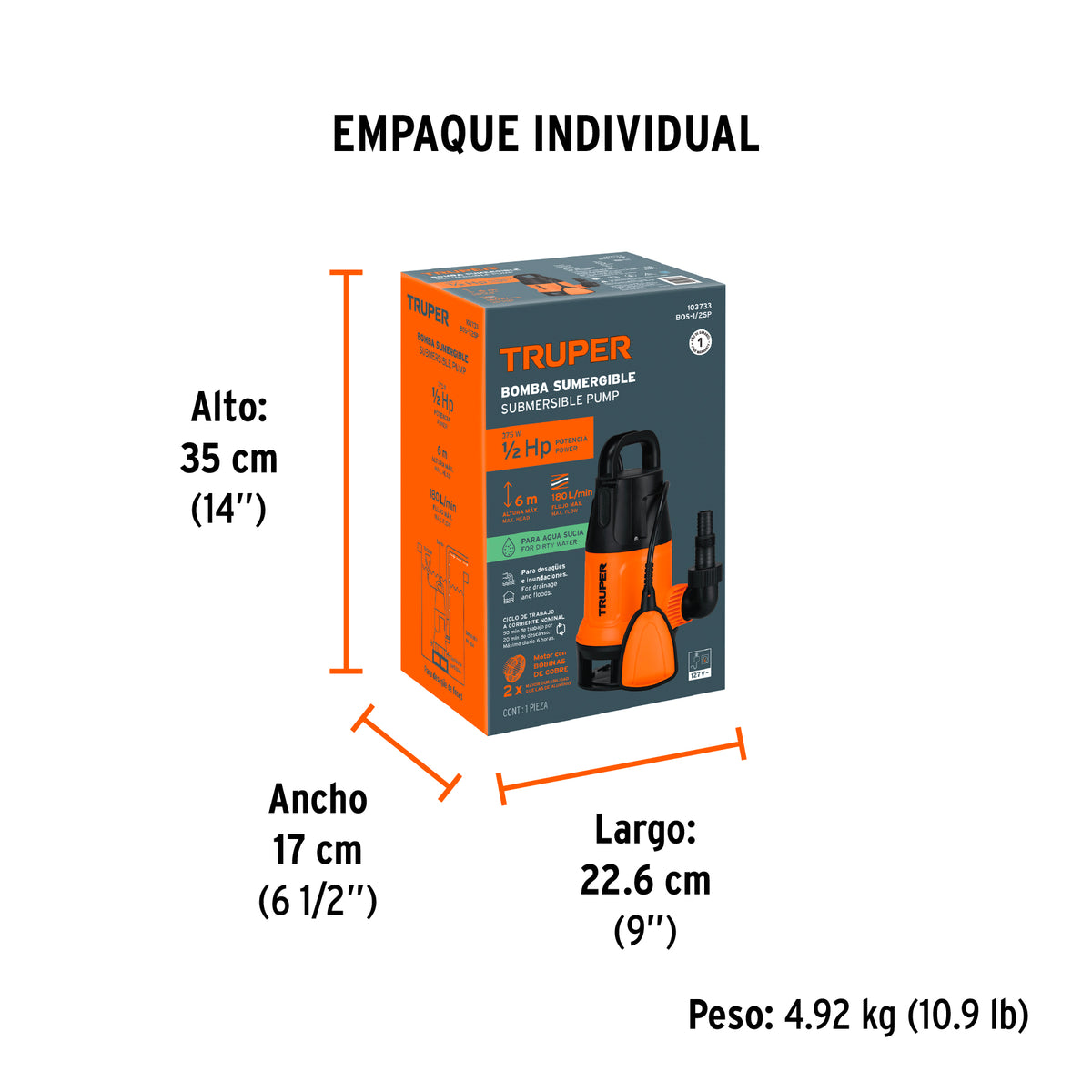 Bomba sumergible plástica, 1/2 HP para agua sucia · vista 7